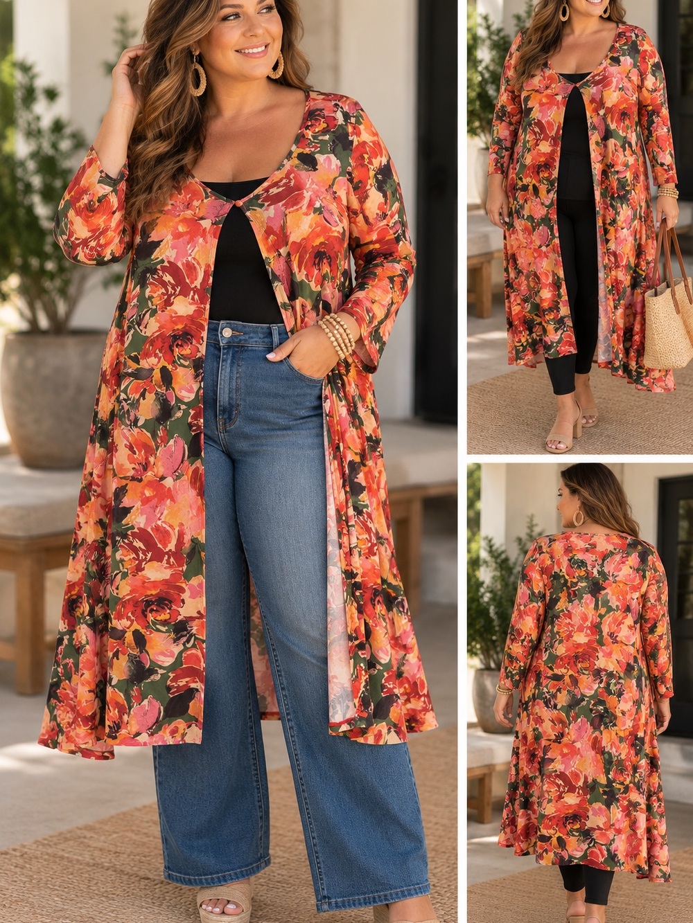 Catherines Floral Longline Open Front Cardigan in Orange and Green